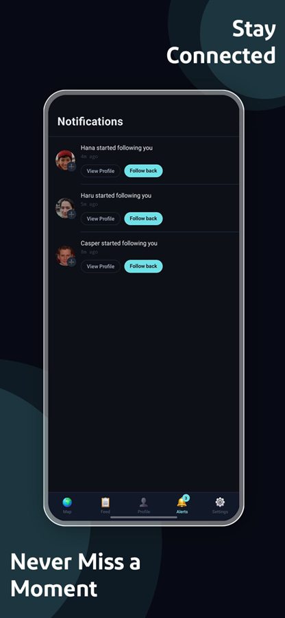 Notifications for new followers, with follow-back buttons