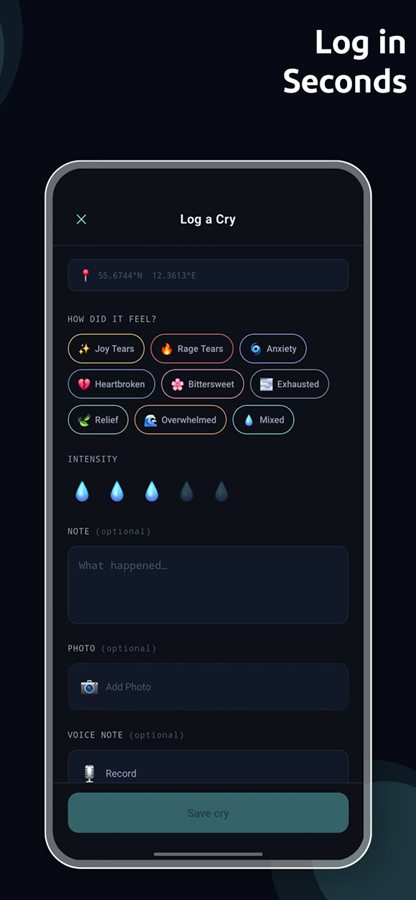 Logging a cry: pick an emotion, set the intensity, add a note, photo or voice recording